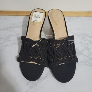 Bandolino Black Macramé Wedge Heel Slides, Size 10. NEW